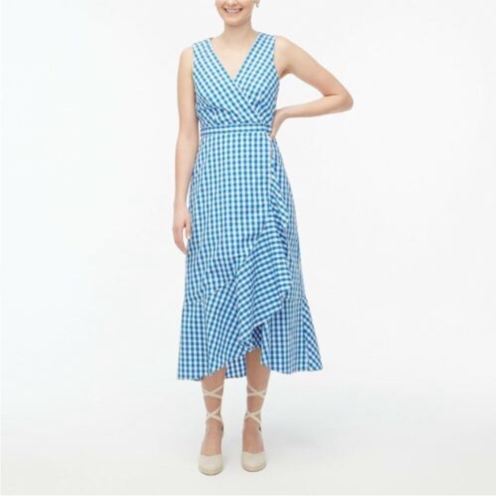 J. Crew V-neck Gingham Ruffle Wrap Poplin Dress